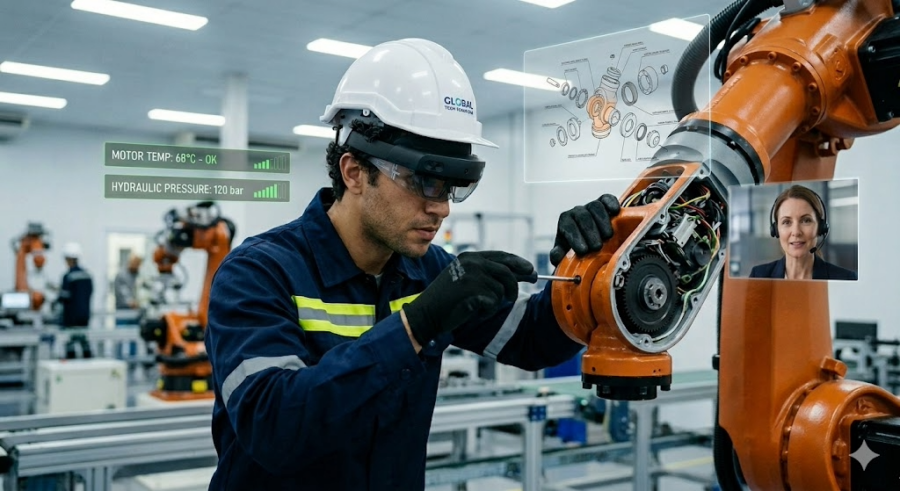 Técnico con gafas de realidad aumentada reparando un motor.
