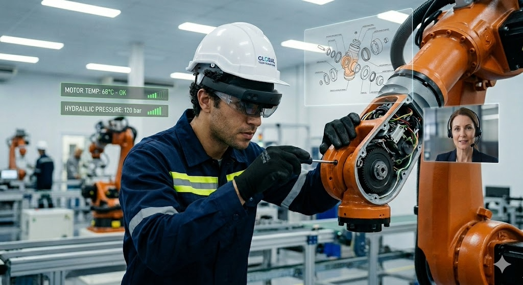 Técnico con gafas de realidad aumentada reparando un motor.